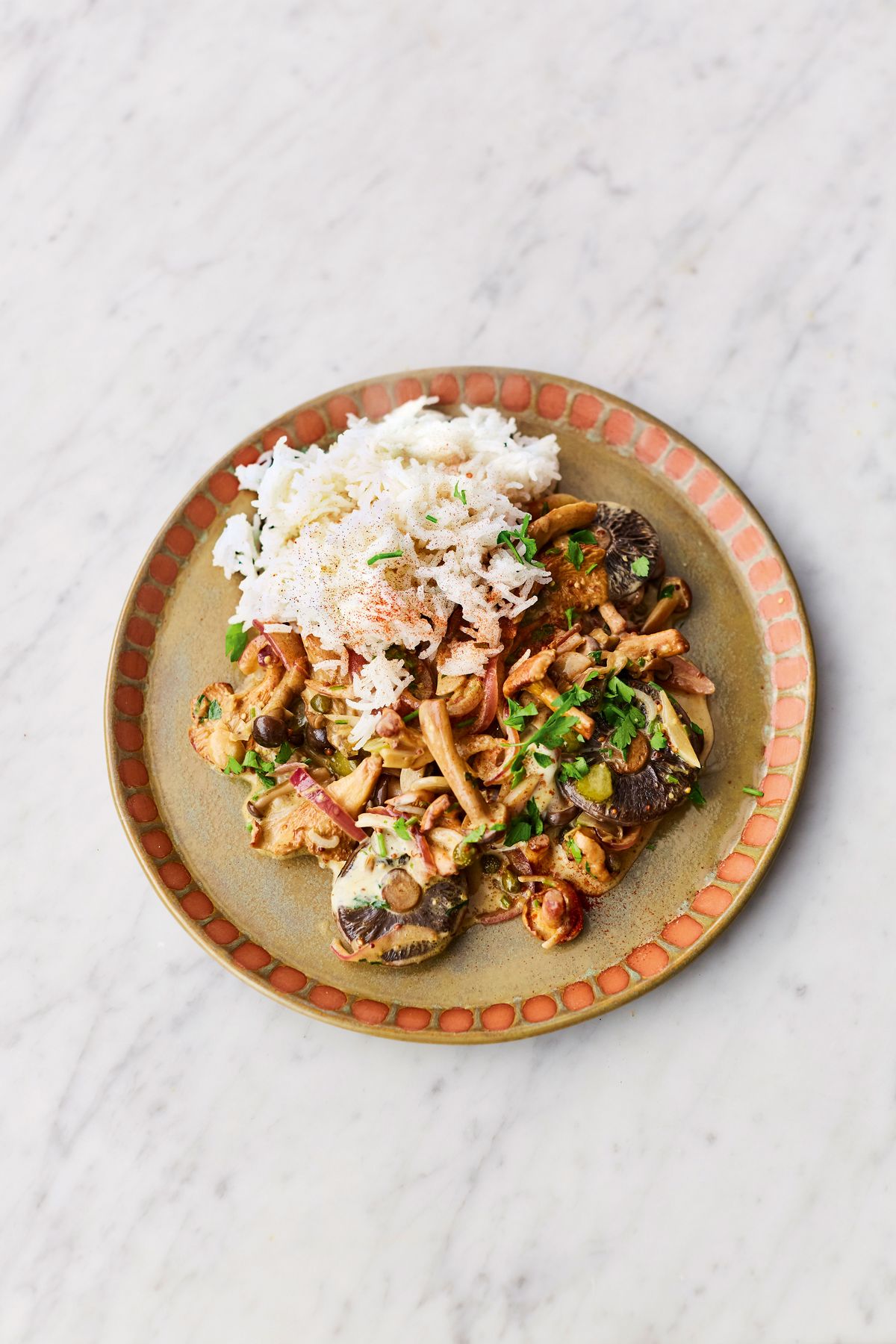 Jamie Oliver’s Mushroom Stroganoff with Crunchy Cornichons, Fragrant Capers, Creamy Whisky Sauce and Parsley
