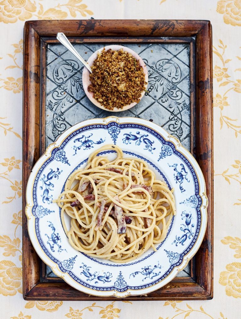 Jamie Oliver’s Classic Carbonara with Crunchy Porcini Breadcrumbs
