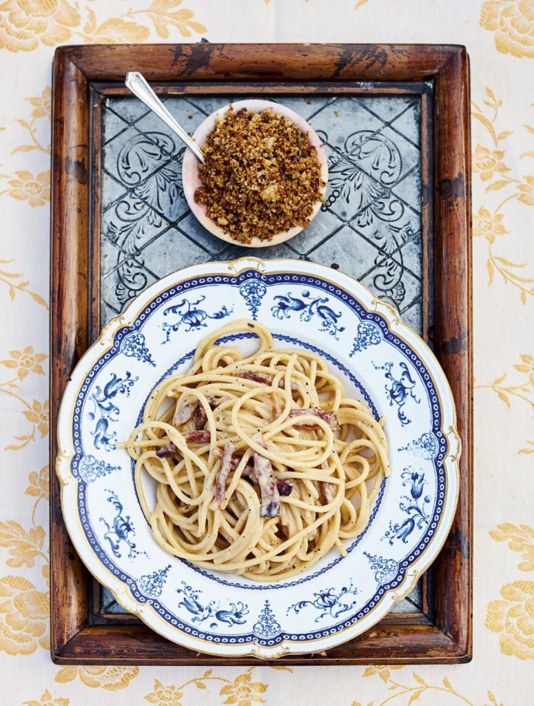 Jamie Oliver’s Classic Carbonara with Crunchy Porcini Breadcrumbs