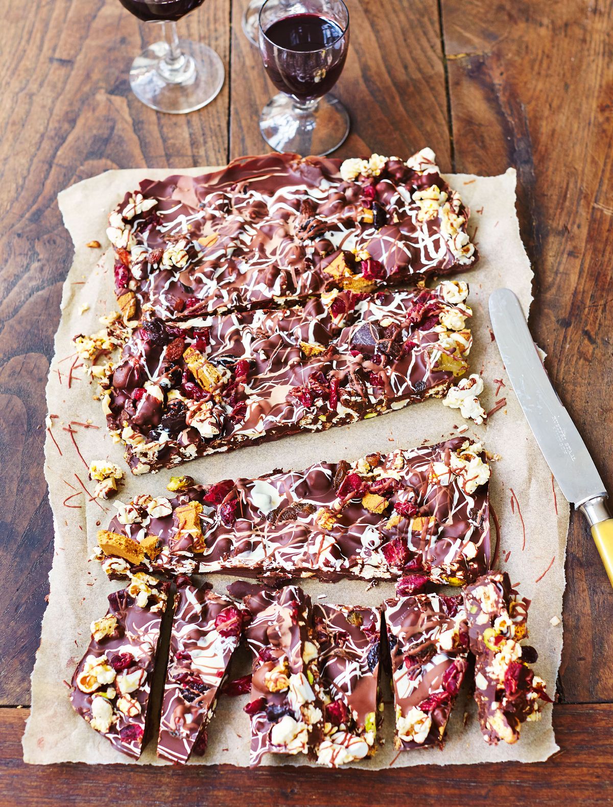Jamie Oliver’s Rocky Road with Popcorn, Nuts, Clementine, Ginger, Soured Fruit and Chocolate