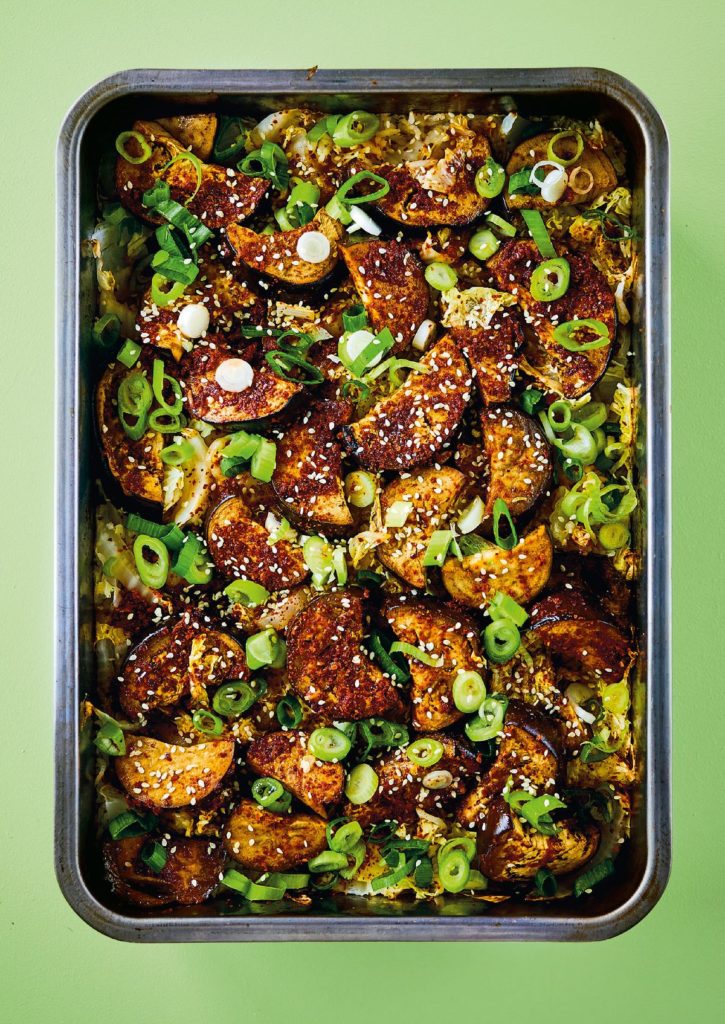 One-tin Korean-style Aubergines with Spring Onions and Sesame Rice