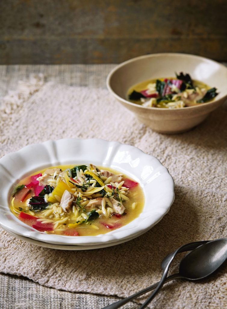 Lemony Chicken Broth with Orzo Pasta and Chard