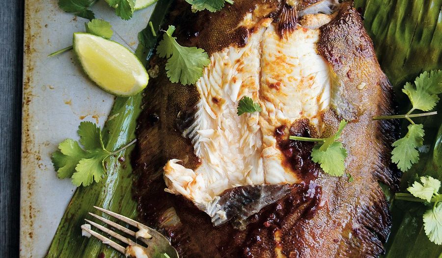 Barbecued Sambal Lemon Sole on Banana Leaves from Chicken and Rice