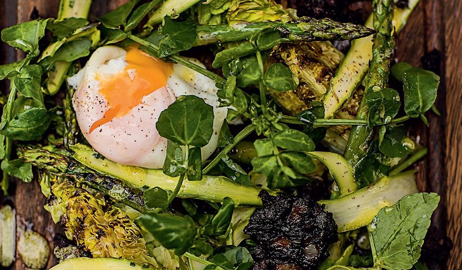 Char-Grilled Lettuce Salad (with Asparagus and Black Pudding)