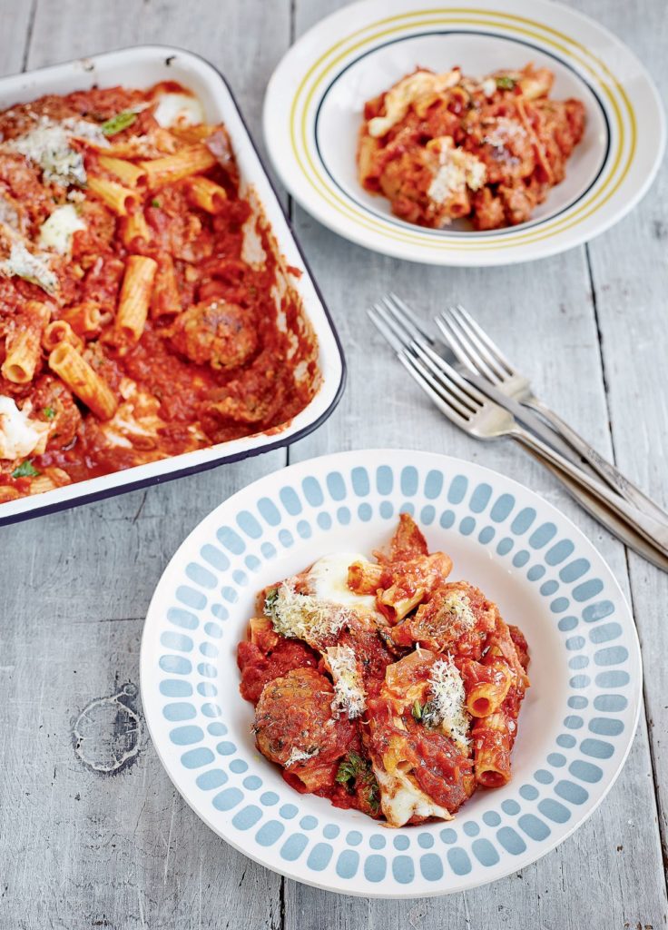 Tray-Baked Pasta and Meatballs