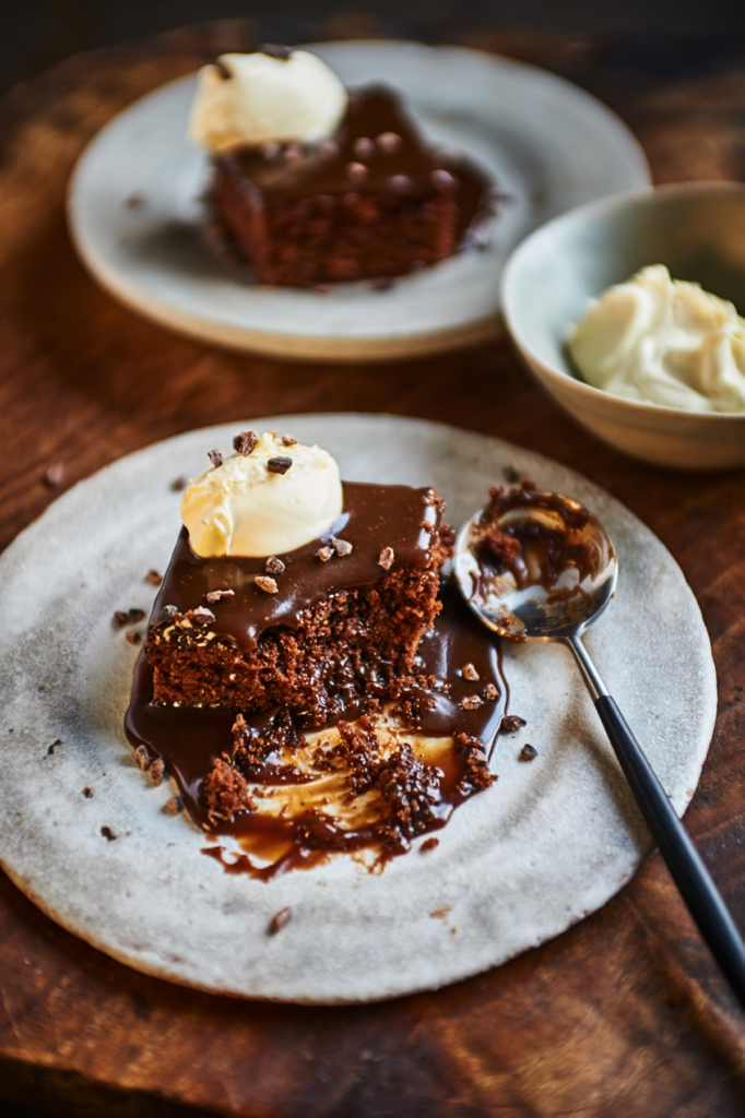 Brownie Pudding with sea-salted caramel, tea, and figs