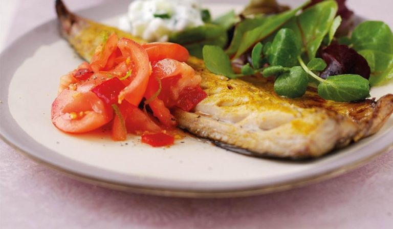 Goan spiced mackerel with tomato & chilli sambal & raita