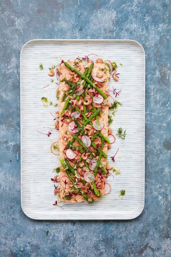 Poached Side of Salmon with Asparagus and Brown Shrimps