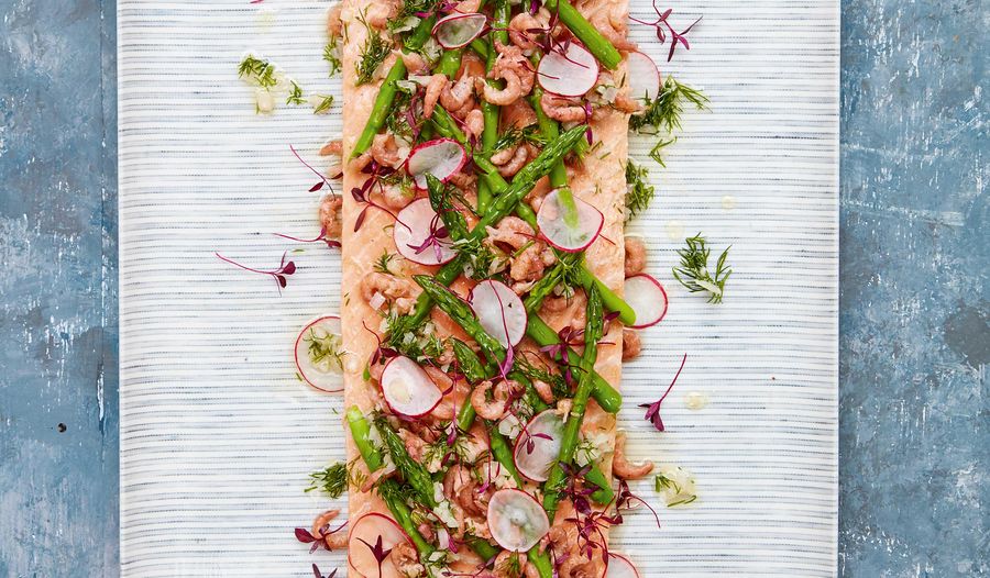 Mary Berry's Poached Side of Salmon with Asparagus and Brown Shrimps