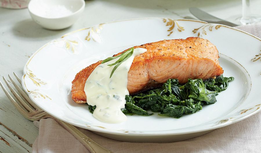 Salmon Fillets on a Bed of Spinach with Tarragon Sauce