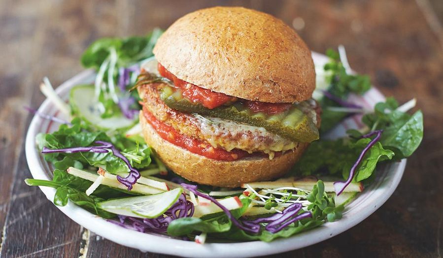 Mega Veggie Burgers Garden Salad and Basil Dressing Jamie Oliver