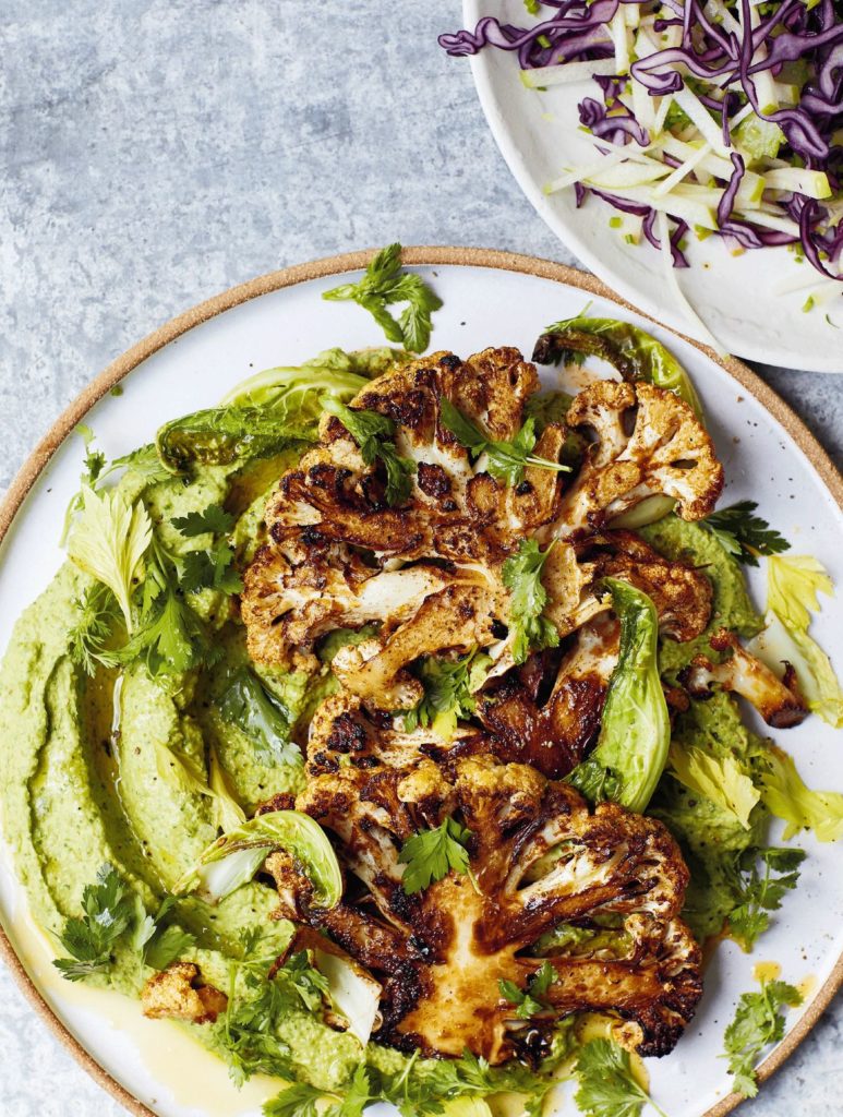 Melissa Hemsley’s Fried Chermoula Cauliflower on Herby Bean Dip with Slaw