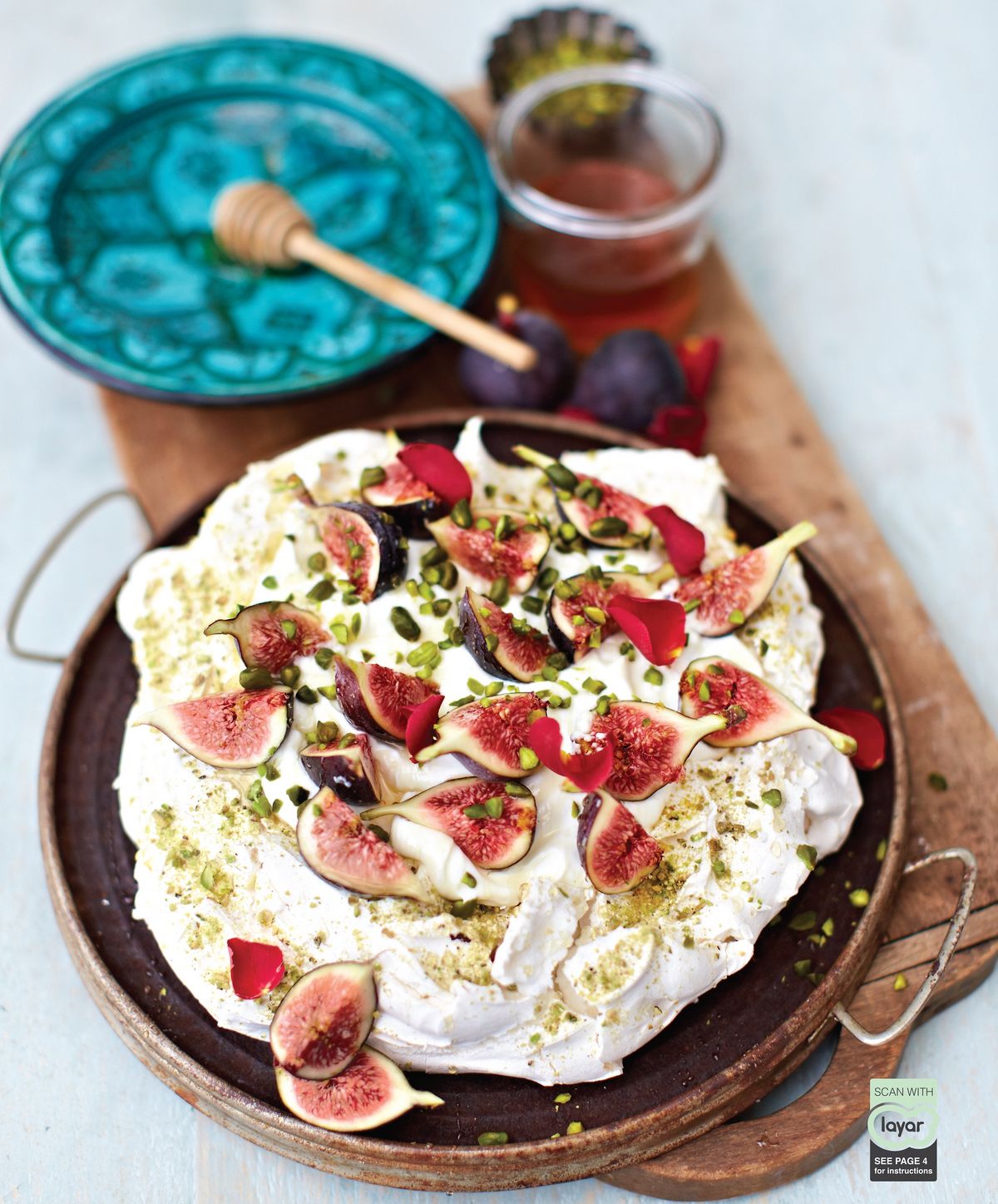 Pistachio and Rosewater Pavlova with Greek Yoghurt, Honey and Figs