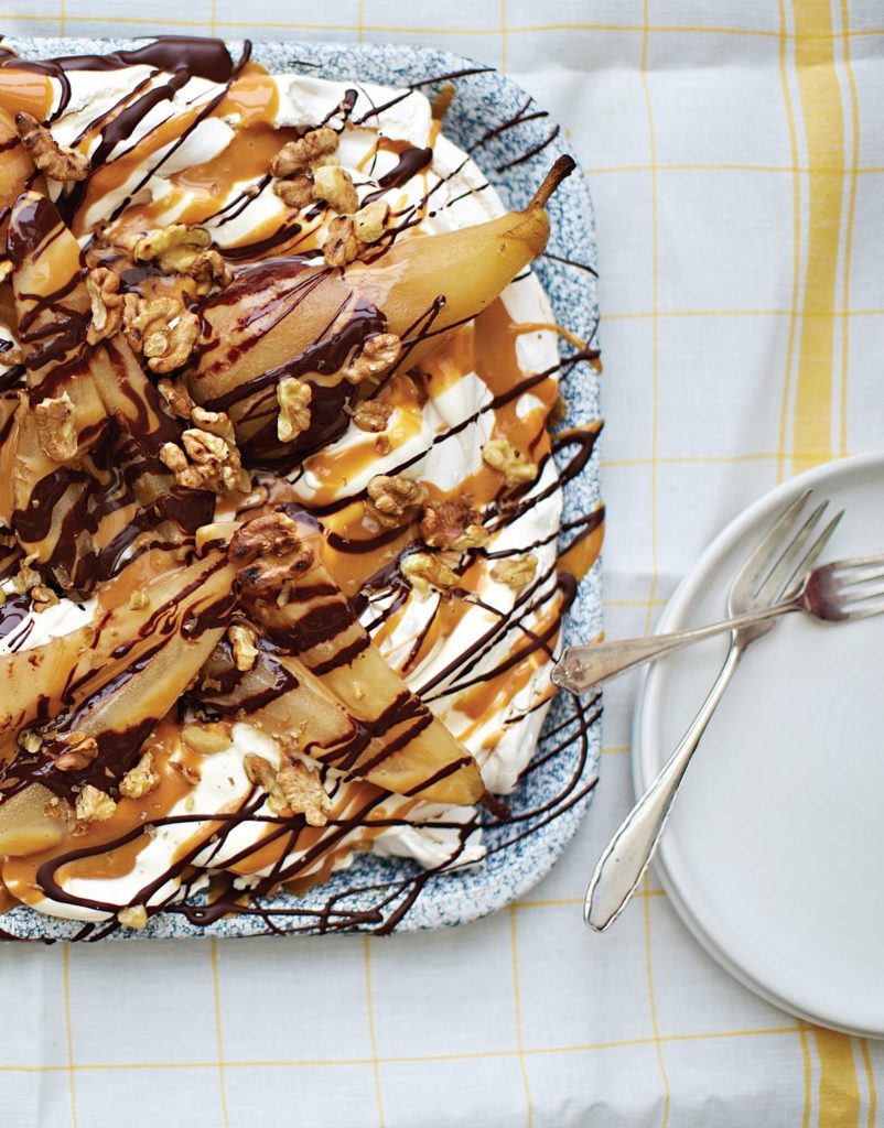 Salted Caramel, Poached Pear and Chocolate Drizzle Tray Bake