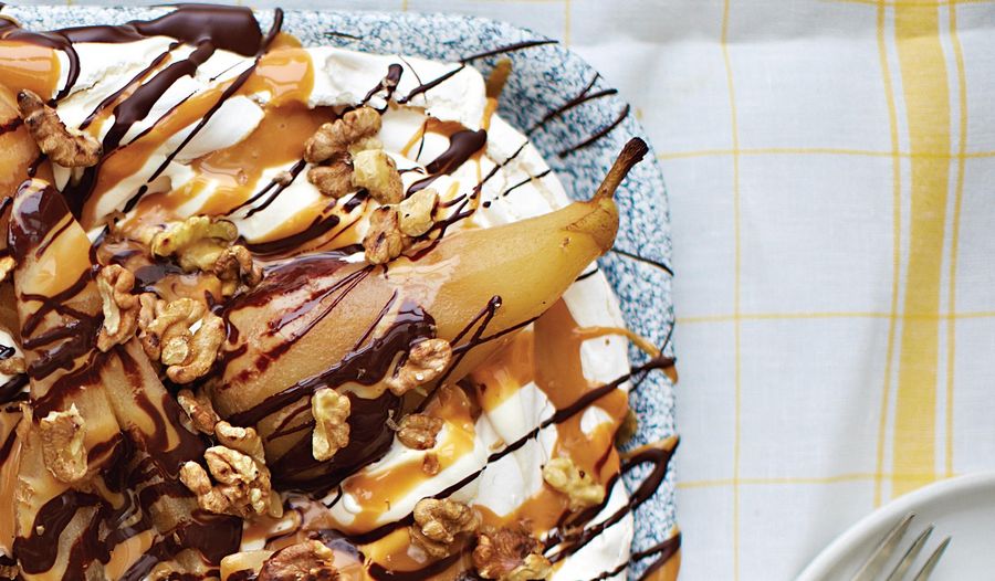 Salted Caramel, Poached Pear and Chocolate Drizzle Tray Bake