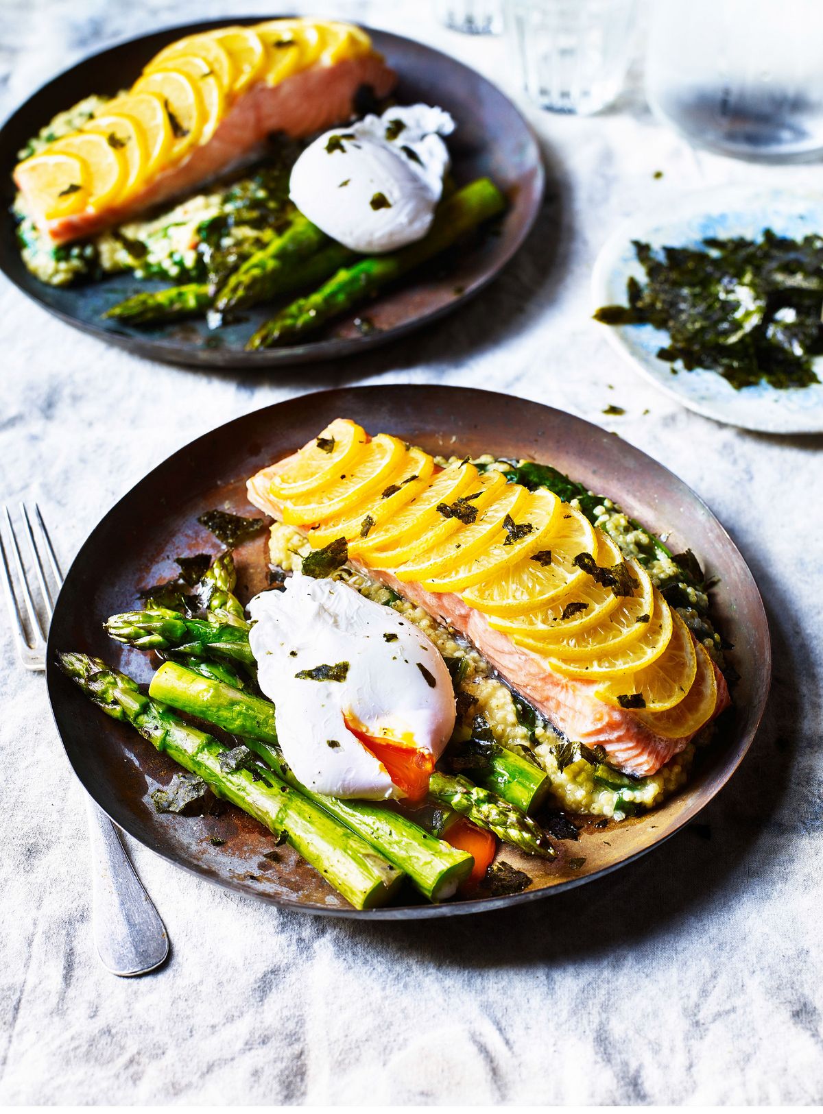 Baked Salmon with Crispy Seaweed, Poached Egg & Asparagus