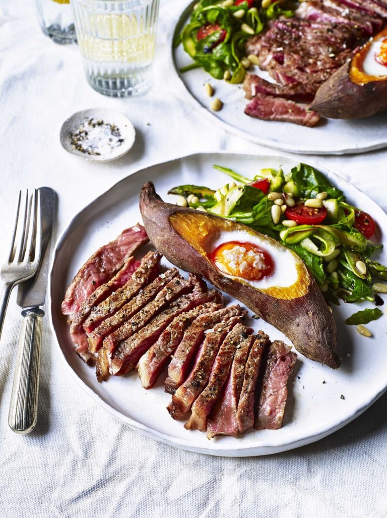 Sirloin Steak with Sweet Potato Baked Egg, Balsamic Glaze & Asparagus