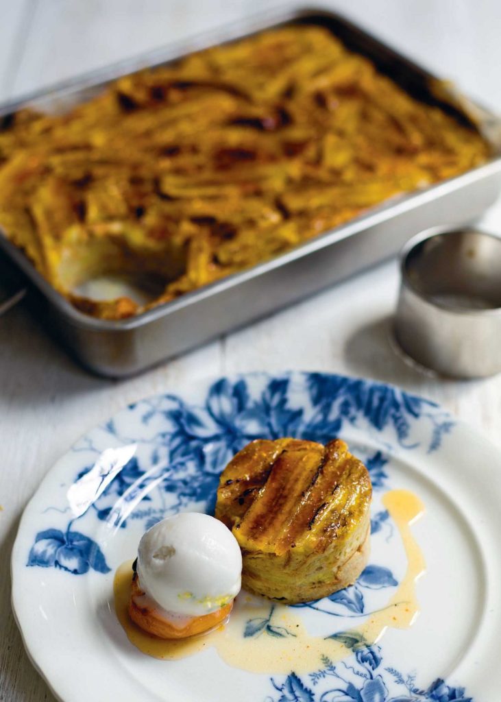 Wattalapam Bread and Butter Pudding with Spiced Roast Apricots