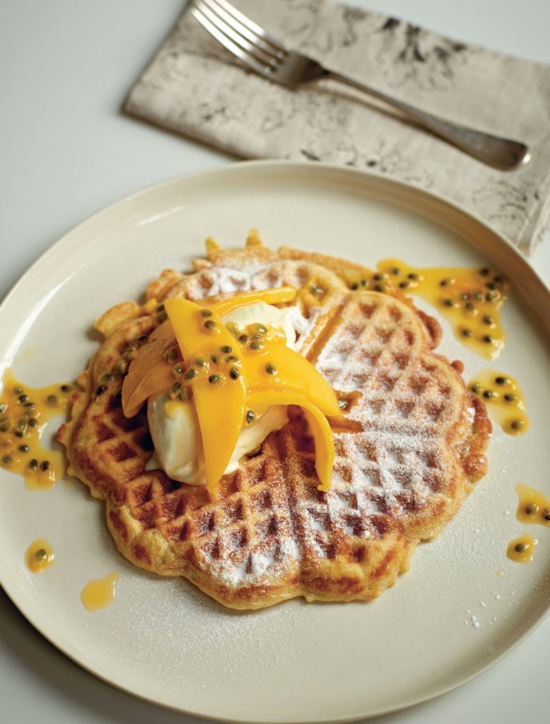 Coconut Waffles with Vanilla Mascarpone, Mango and Passion Fruit