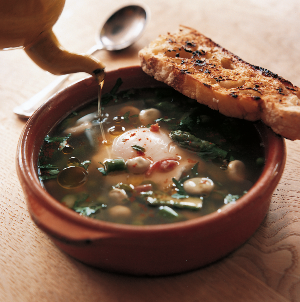 Jamón Broth with Broad Beans, Asparagus and Poached Egg