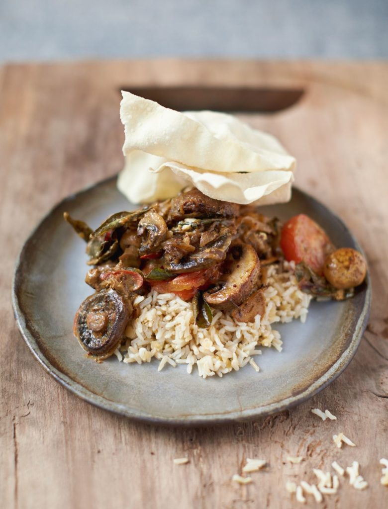 Mighty Mushroom Curry Red Lentils, Brown Rice and Poppadoms