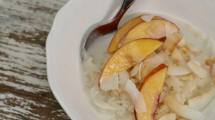 Peach on Sticky Rice with Sweet and Salty Coconut Cream