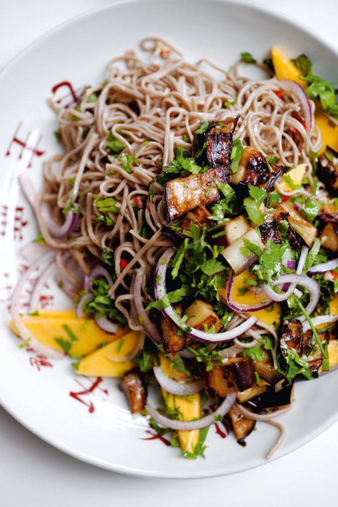 Soba noodles with aubergine and mango