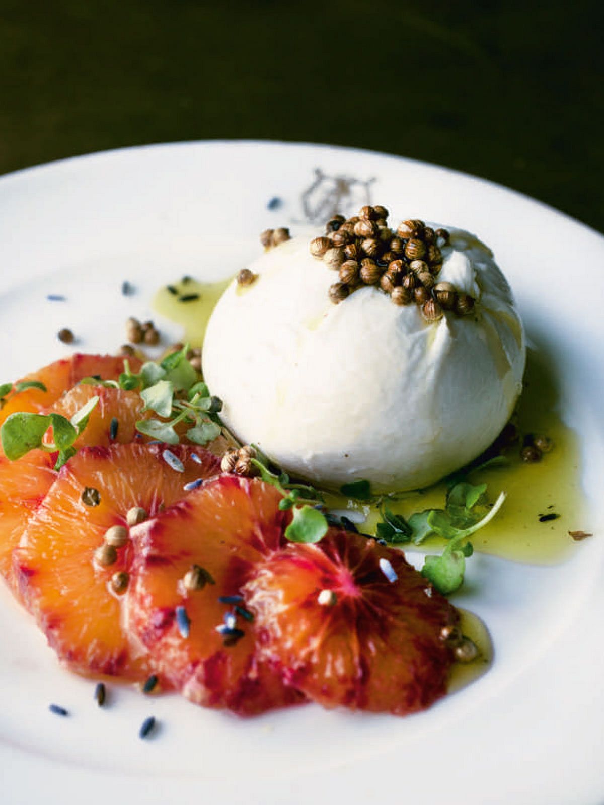 Ottolenghi’s Burrata with Blood Orange, Coriander Seeds and Lavender Oil