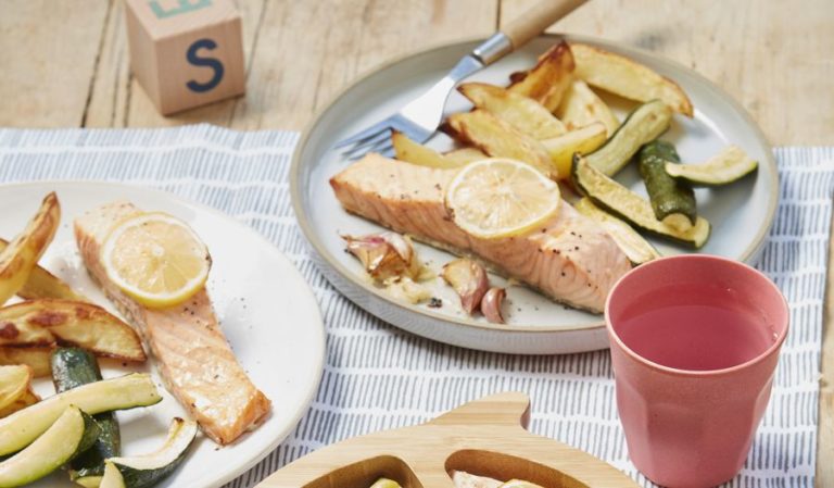 One-Pan Lemon Salmon with Courgette and Potato Wedges | Easy Recipe for Kids