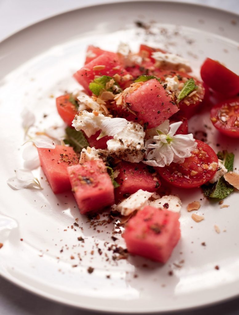 Watermelon and Cherry Tomato Salad with Feta, Almond and Za’atar Crumble