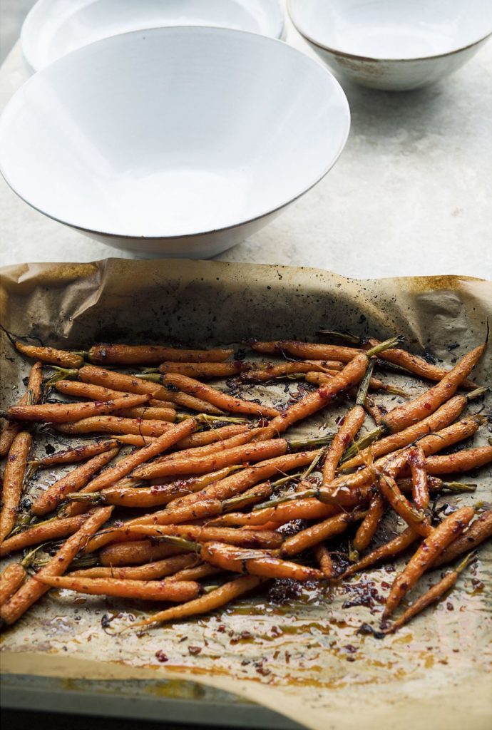 Ottolenghi’s Roasted Baby Carrots with Harissa and Pomegranate