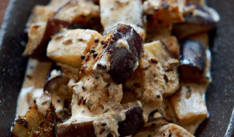 Aubergine Cooked with Crushed Mustard Seeds and Yoghurt