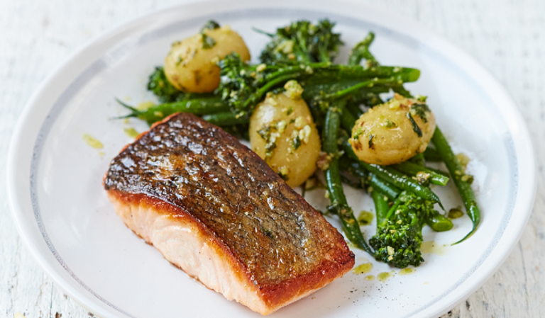 Salmon & Pesto-dressed Vegetables from Jamie Oliver's Food Revolution