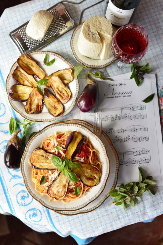 Pasta with Tomato, Aubergines and Ricotta Salata. Pasta alla Norma e Ricotta Salata