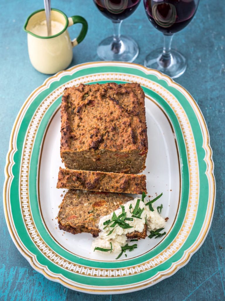 Roast Aubergine and Tomato Nut Roast with Macadamia Mustard Sauce