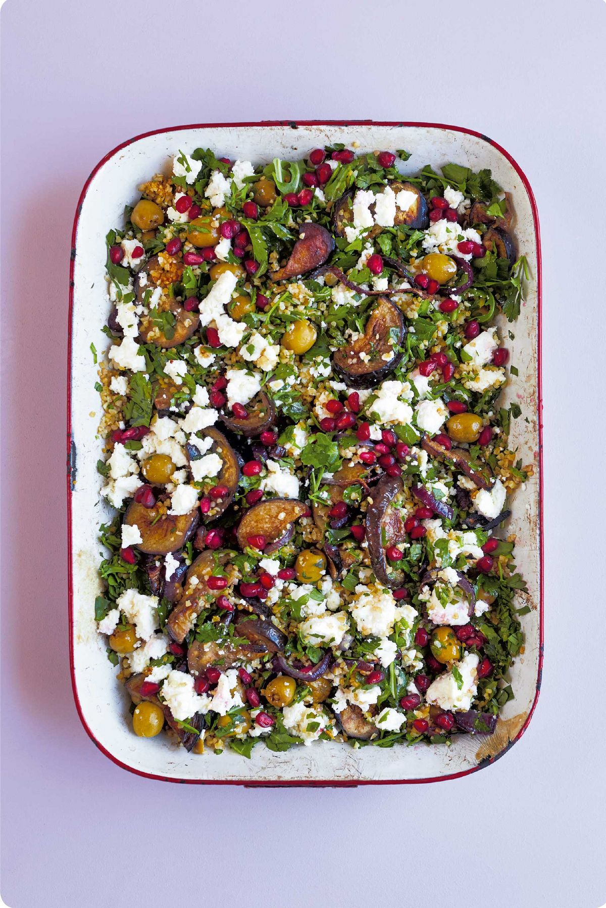 Cinnamon-spiced Aubergines with Feta Cheese, Olives and Herbed Bulgur Wheat