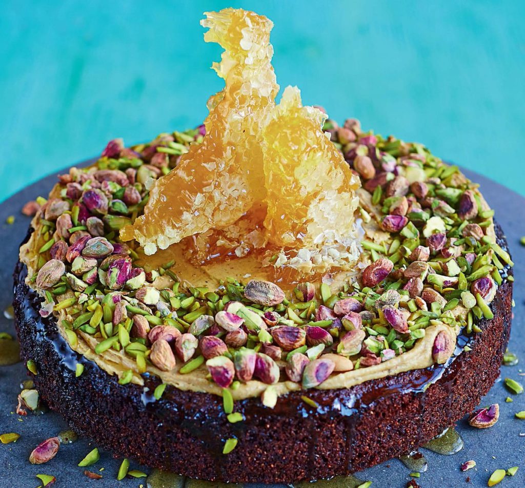 Pistachio Cake with Fresh Honeycomb