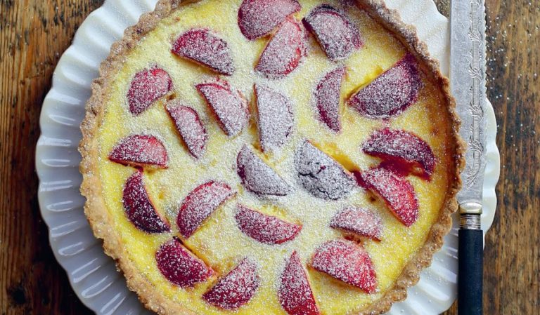 Plum and Bay Custard Tart