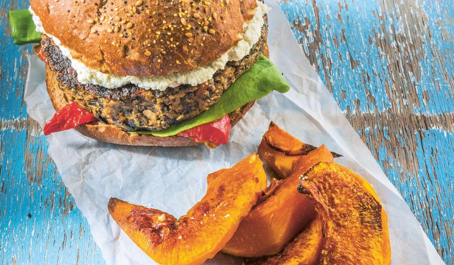 Portobello Pecan Burger with Roasted Pumpkin Wedges