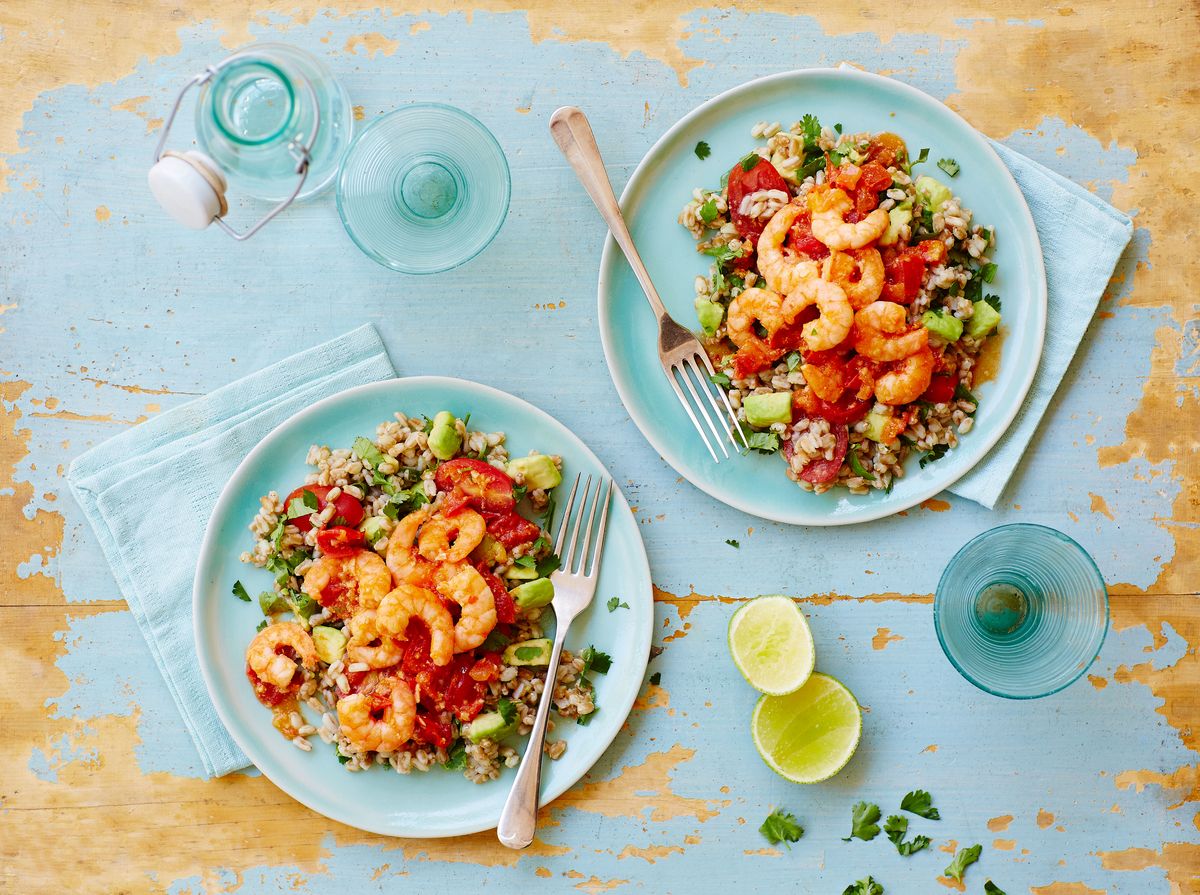 Spicy Prawns with Lime, Farro and Coriander