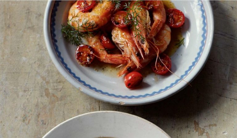 Gamberoni Arrosto  su Macco di Ceci e Anice Nero (Roast King Prawns with Chickpea Mash) from Francesco Mazzei's Mezzogiorno
