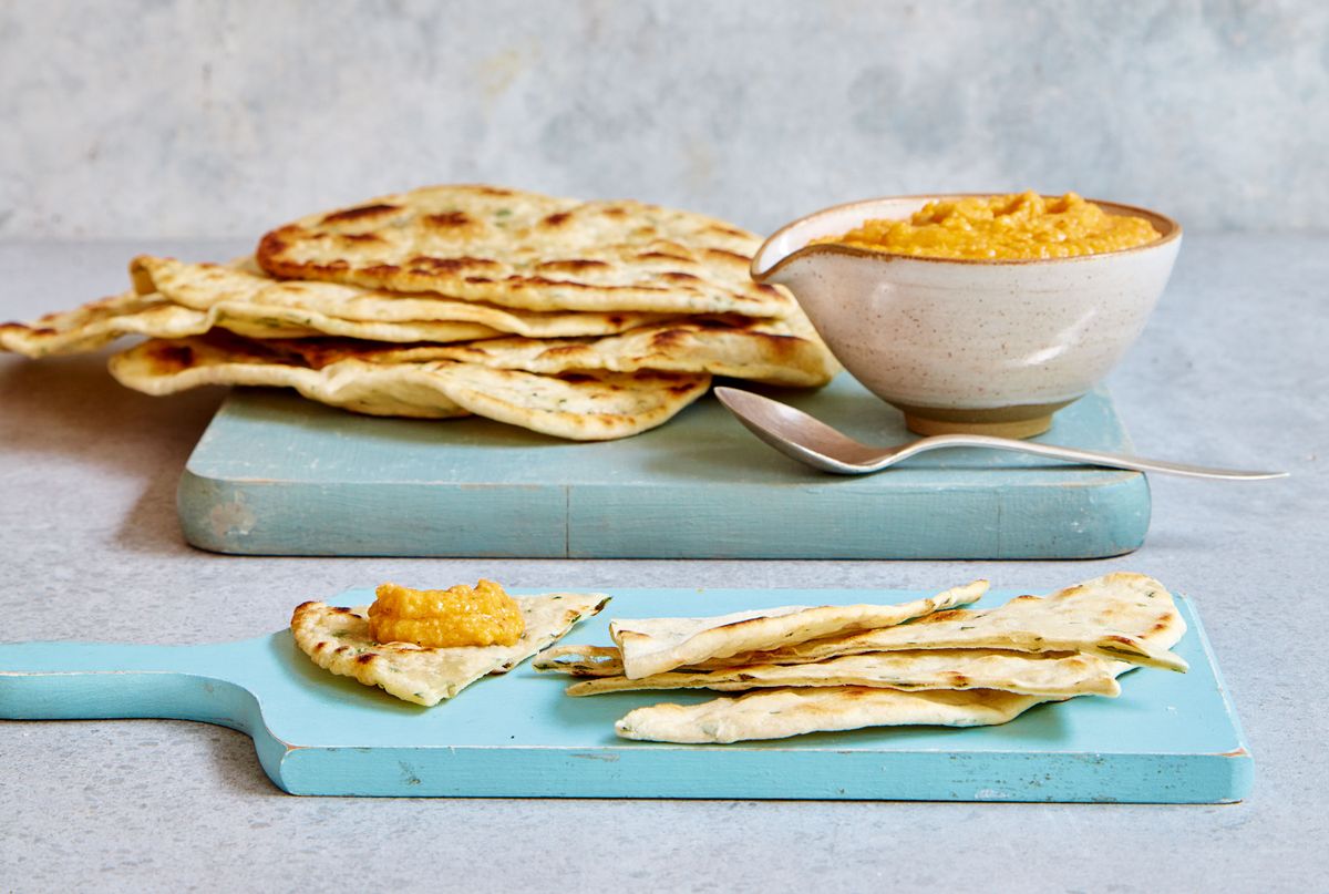 Mary Berry’s Spiced Carrot Hummus with Garlic Herb Flatbread