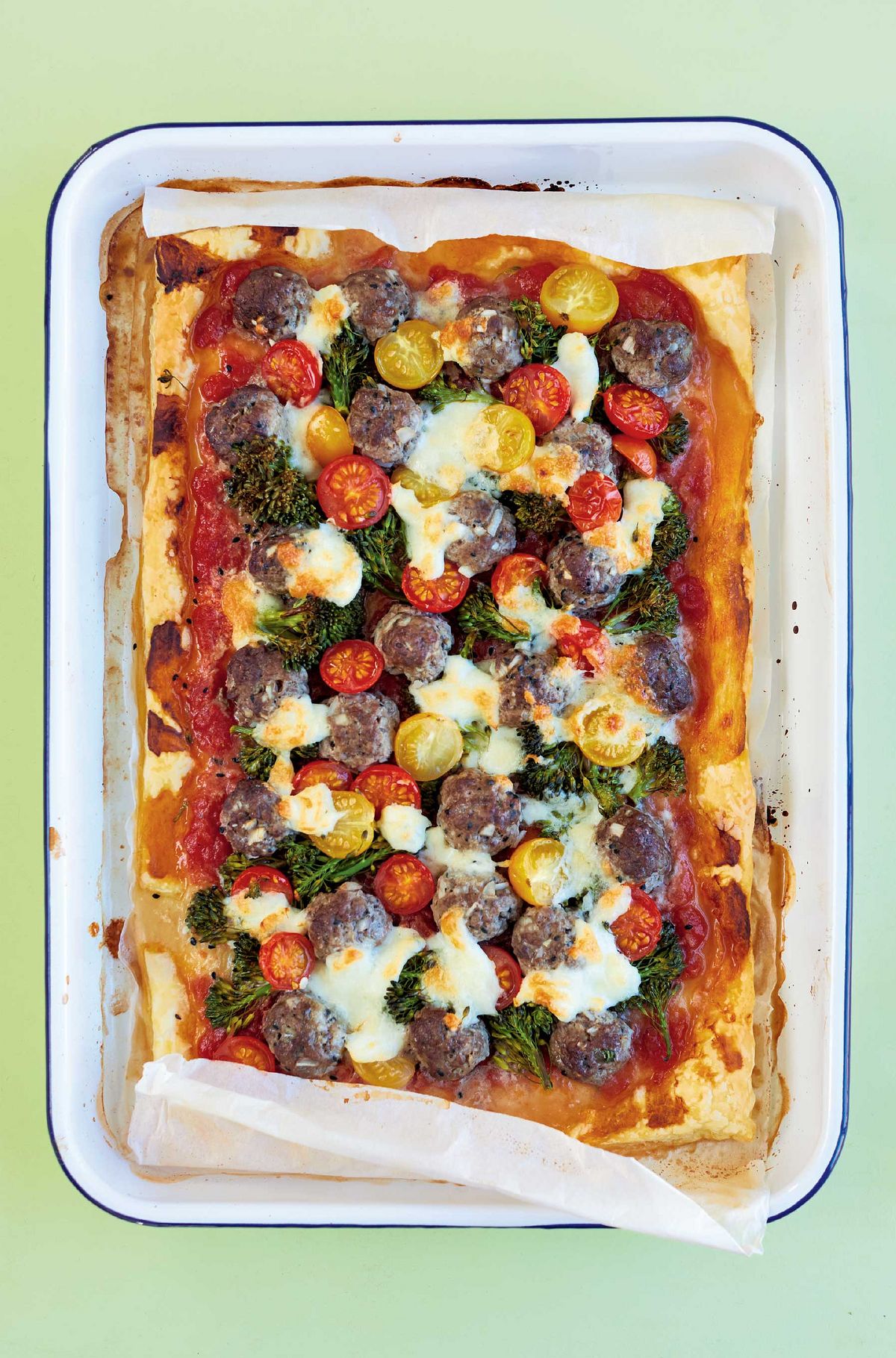 Quick Meatball Pizza with Cherry Tomatoes and Mozzarella