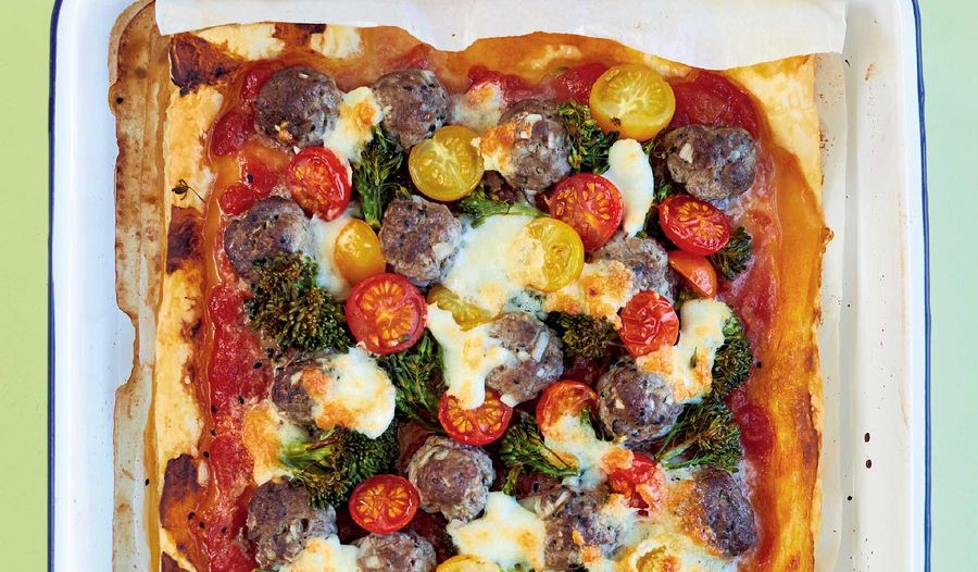 Quick Meatball Pizza with Cherry Tomatoes and Mozzarella Recipe
