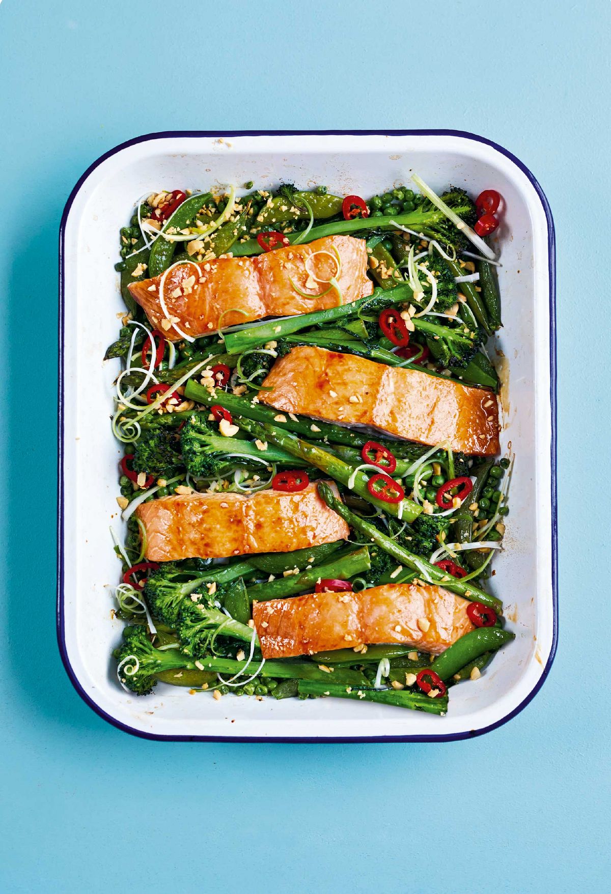 Sticky Soy and Honey Roasted Salmon with Asparagus and Sugar Snap Peas