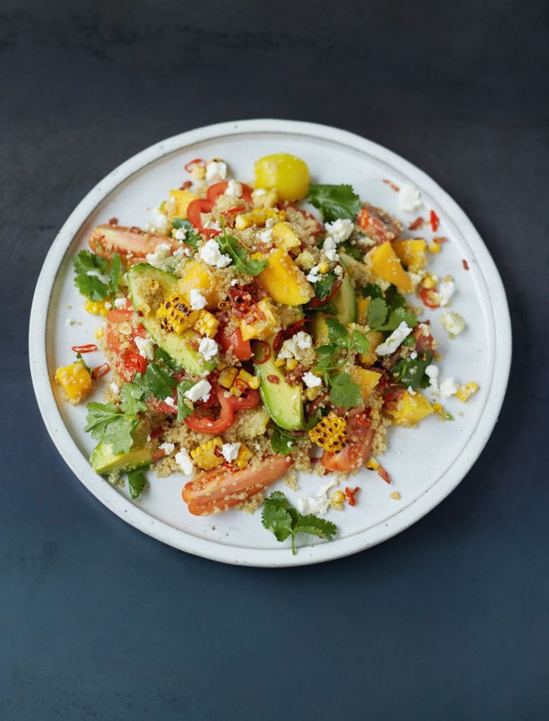 Grilled Corn and Quinoa Salad Mango, Tomatoes, Herbs, Avo, Feta