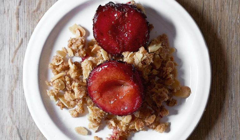 Roast Plum Bake with Streusel Crumble Recipe Britain's Best Home Cook