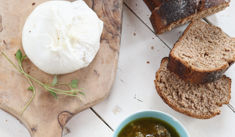 Walnut Rye with Burrata and Honey Nut Pesto