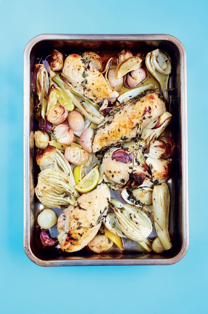 One-tin Roast Chicken with Fennel, Lemon, Shallots, Garlic & Mustard Mayo