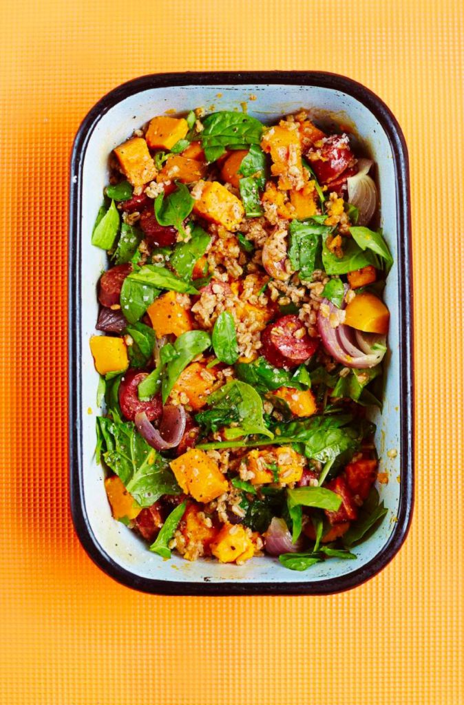 One-tin Spelt with Chorizo, Sweet Potato, Red Onion & Spinach
